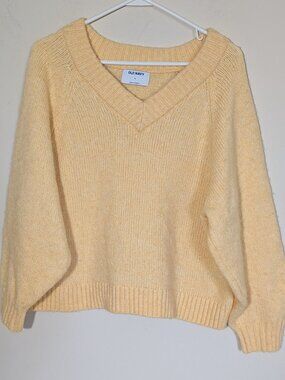 Old Navy Wool Blend V-Neck Cropped Chunky Knit Sweater Butter Yellow Sz XL